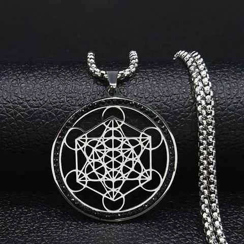 Silver black crystal pendant necklace on chain