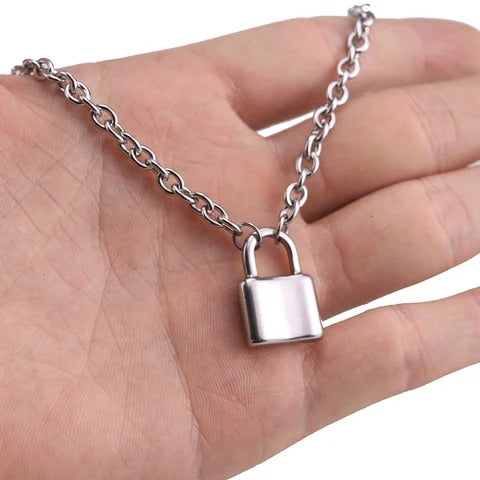 Silver padlock pendant choker necklace