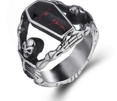 Silver red enamel coffin skull ring