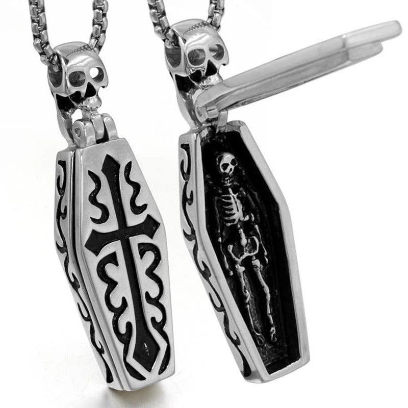 Silver coffin pendant necklace with skeleton inside