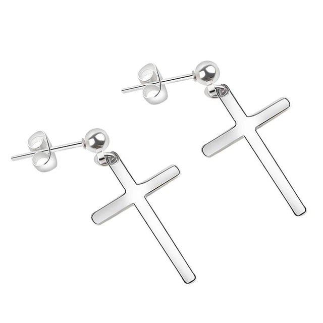 Silver cross dangle stud earrings, pair