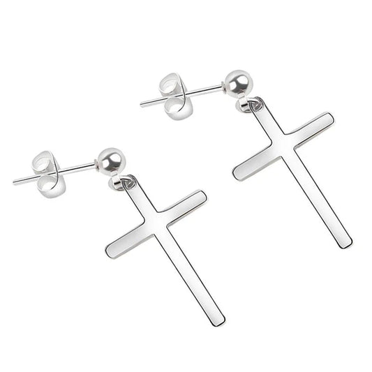 Silver cross dangle stud earrings, pair