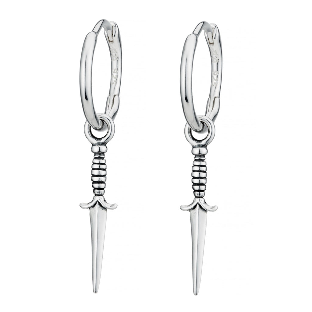Silver huggie hoop earrings with dagger charms, pair