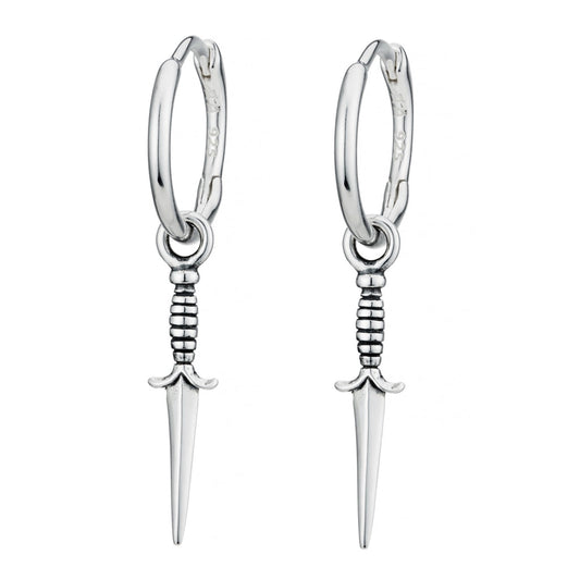 Silver huggie hoop earrings with dagger charms, pair