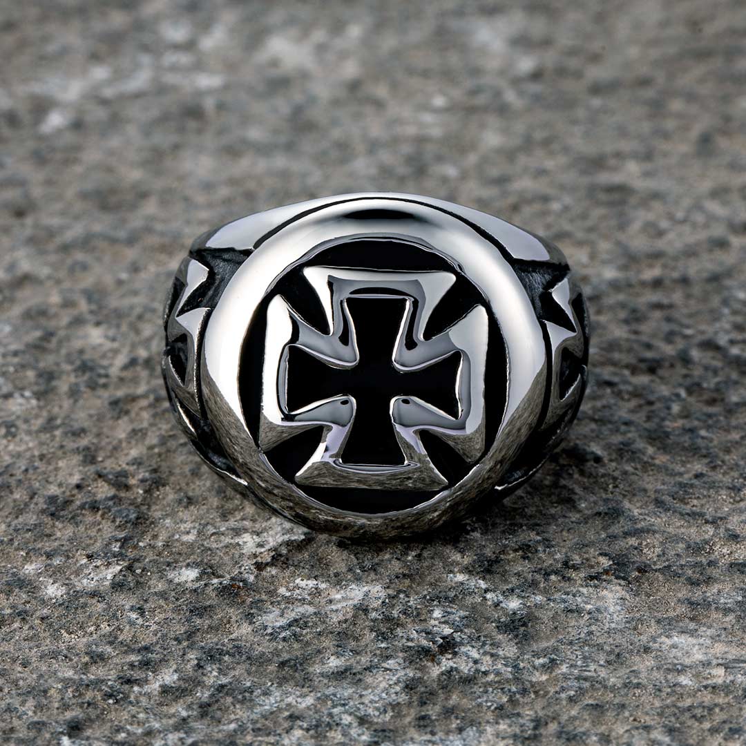 Silver iron cross ring with black inlay