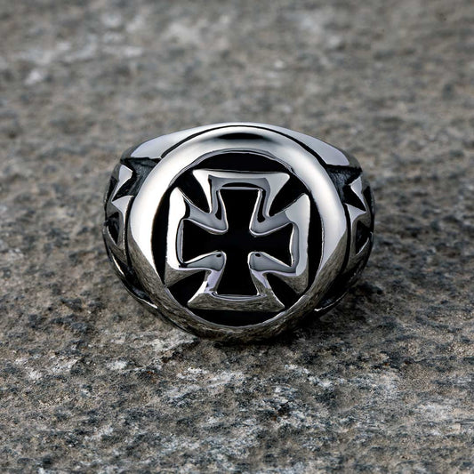 Silver iron cross ring with black inlay