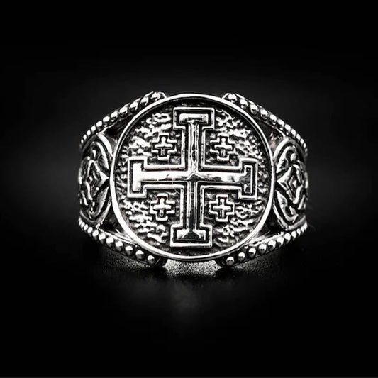 Silver Lorraine cross signet ring