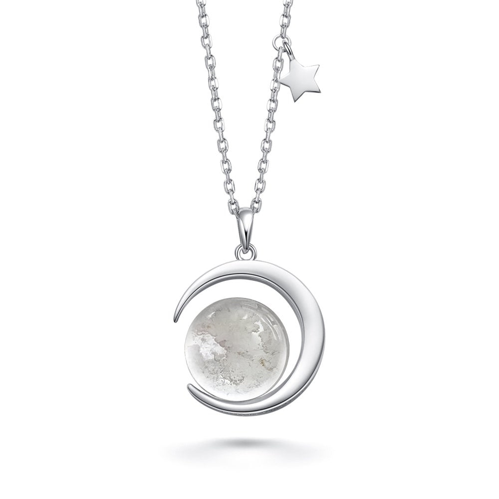 Silver crescent moon pendant necklace with moon globe and star charm