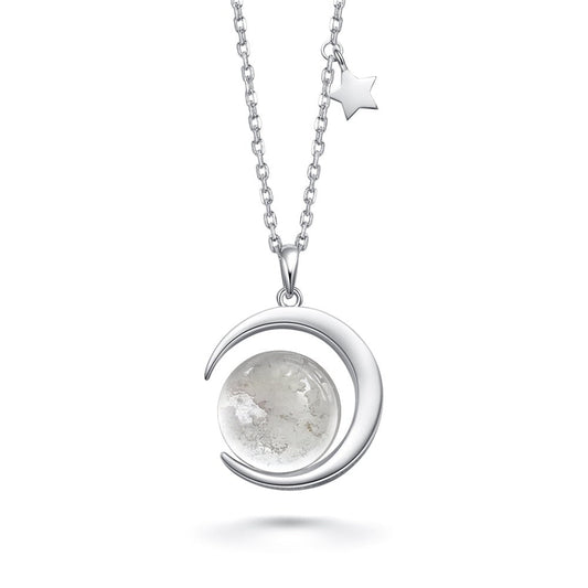 Silver crescent moon pendant necklace with moon globe and star charm