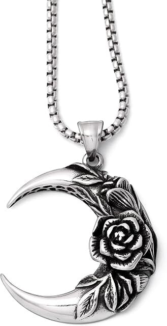 Silver crescent moon and rose pendant necklace