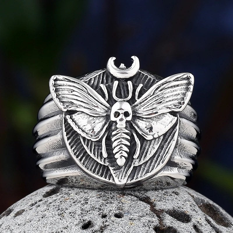 Silver death's-head moth ring