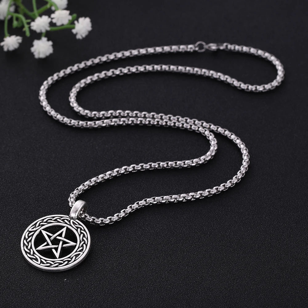 Silver pentagram pendant necklace on chain