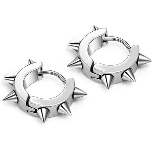 Silver spiked punk huggie hoop earrings, pair