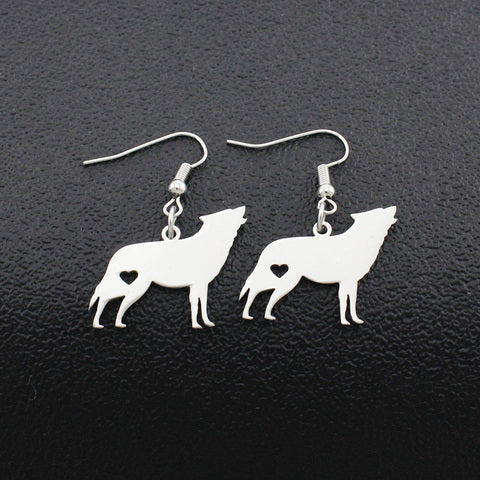 Silver wolf silhouette dangle earrings